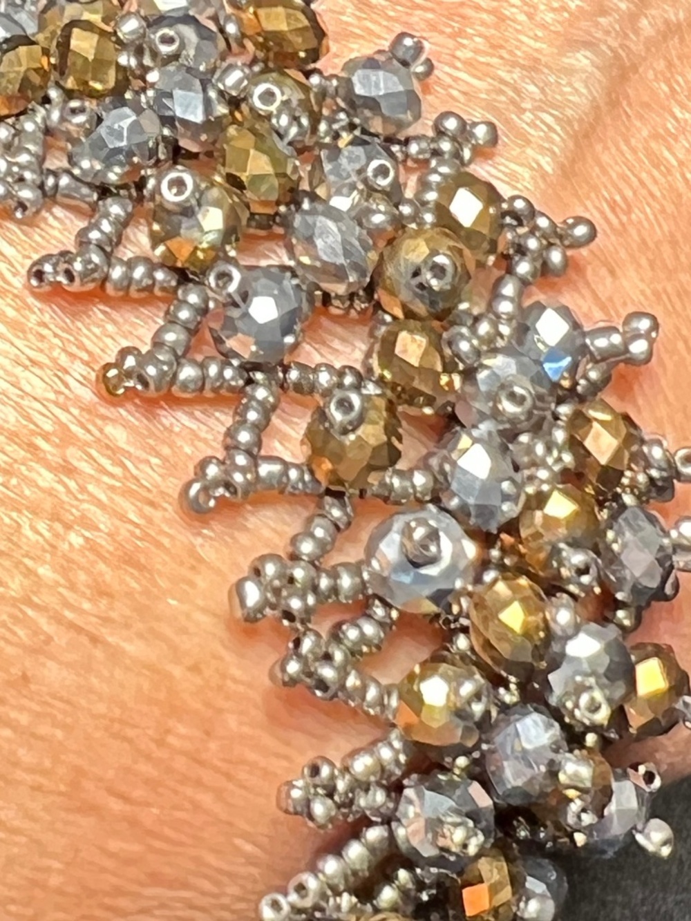 Handmade Silver Tone Beaded Glass Bronze Silver Tone Faceted Artistic  Bracelet